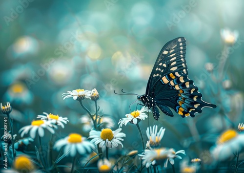 Butterfly Perched on Daisy in a Field of Flowers.