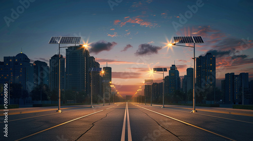 Solar-Powered Streetlights Illuminating City Streets at Twilight