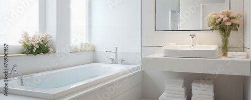 Interior of a modern bathroom of light color with a bath and an area for personal hygiene. © *Lara*