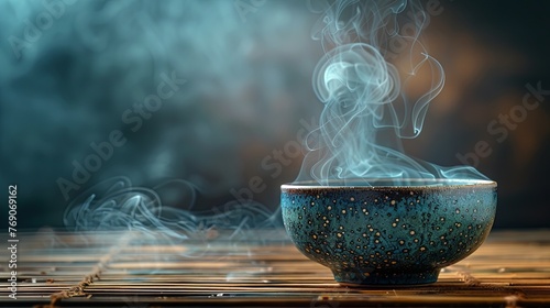 smoke pouring out of a black cup on wooden table, in the style of orient-inspired, shaped canvas, minimalist backgrounds. Generative AI