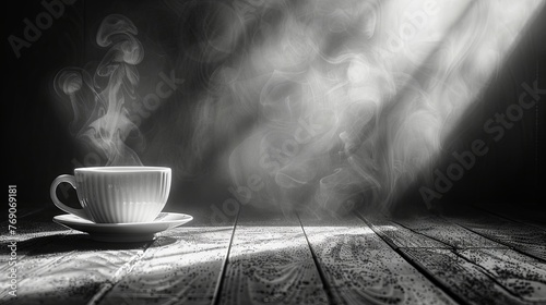 steaming cup on black background, in the style of light gray and light black, mist. Generative AI