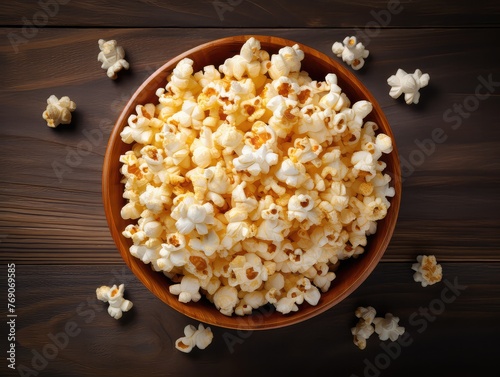top view of a bowl filled with freshly popped popcorn, ready for a cozy movie night in. The golden kernels are fluffy and perfectly seasoned, glistening 
