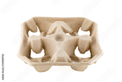 Empty disposable cellulose cup holder for four glasses, isolated on white background.