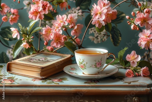 a cup of tea and a book on a tabletop, in the style of floral motifs, glossy finish. Generative AI