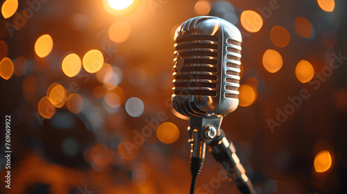 Close-up vintage retro microphone on stage music, audio microphone retro style, Vintage microphone on restaurant stage with blurred backdrop, Generative AI 
 photo