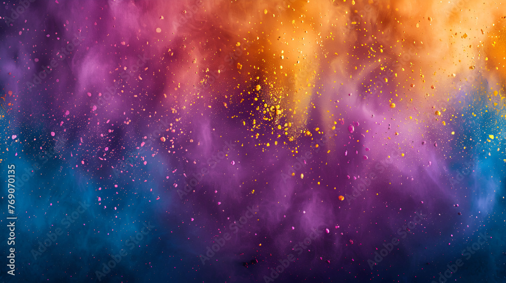 Colors of May, abstract background with powder in blue, yellow, orange, shocking pink, purple hues, and with copy space, Generative Ai 