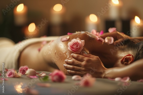 Woman enjoying spa massage with flowers on face in relaxing room. Generative AI