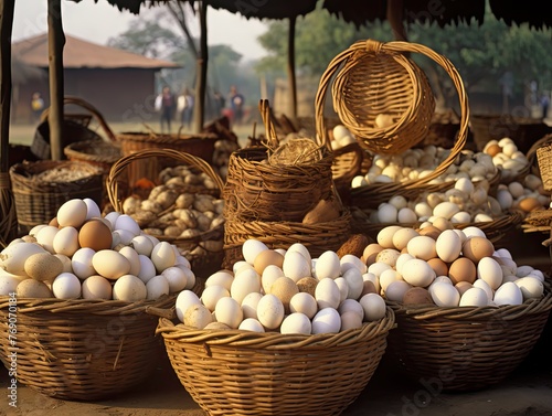 bustling market stall adorned with baskets brimming with fresh eggs. The eggs  laid by free-range chickens  come in various shades of cream  brown  and speckled  each one a testament to the health