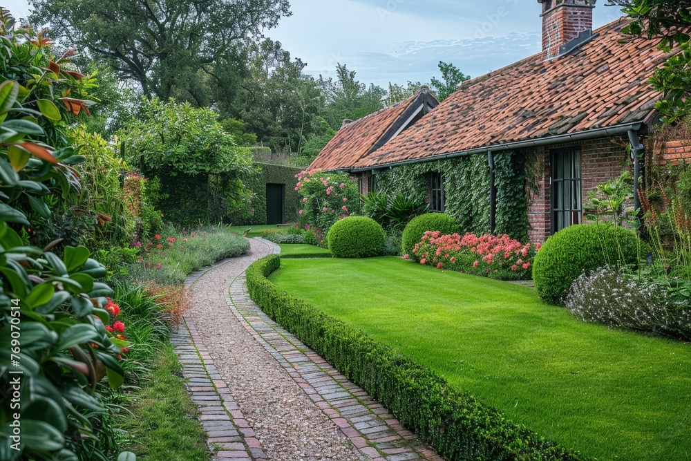 A charming brick house with a lush green lawn and a meandering brick walkway leading up to the entrance