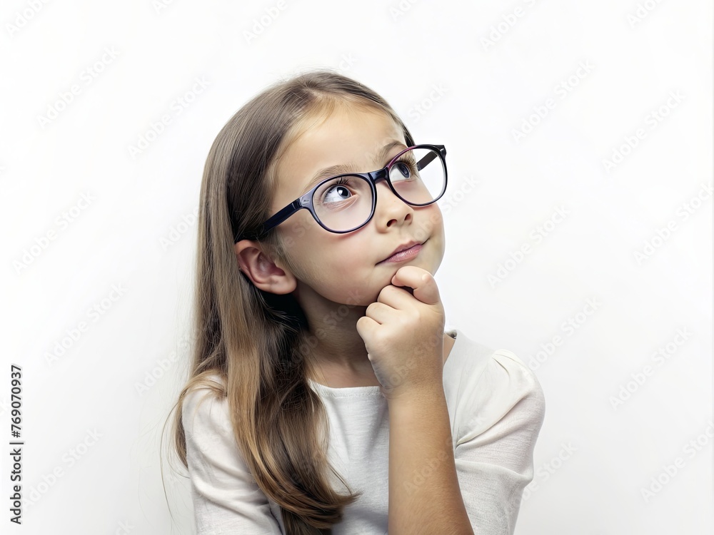 Pensive girl with hand on chin looking up