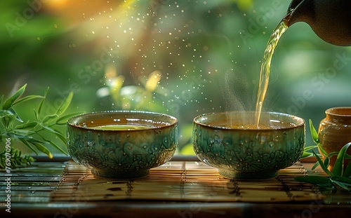 a steaming green tea is being poured into a cup. Generative AI