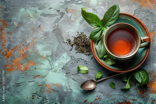 black tea on table with black tea leaves, spoon, and herbs, in the style of textured canvas, light gray and gray, high quality photo. Generative AI