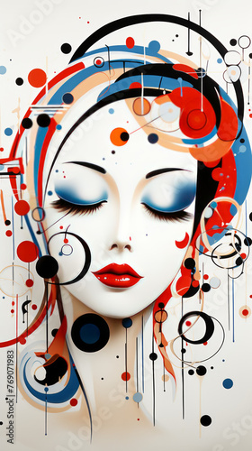 Keywords: abstract, female portrait, geometric, illustration, vector, modern art, red, blue, circles, lines, contemporary, face, makeup, closed eyes, decorative art, art print, digital art, white back
