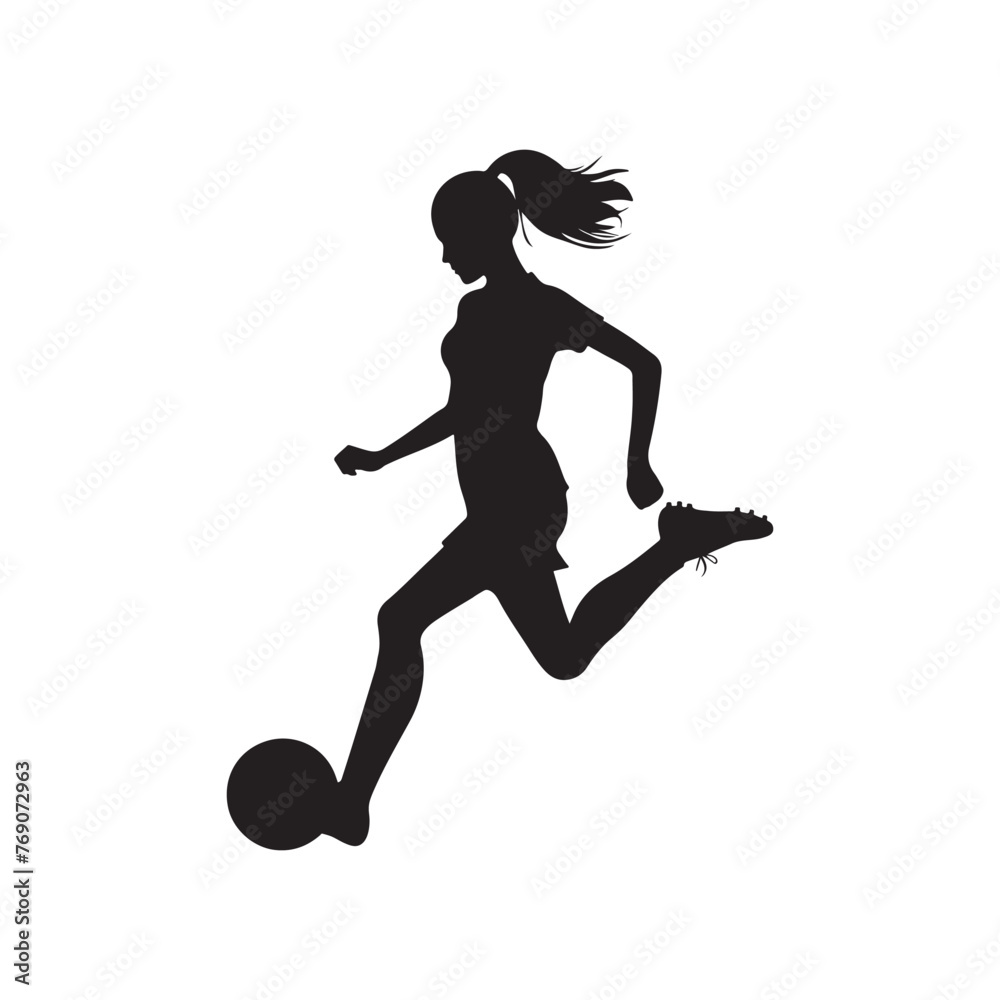 A vector silhouette of a girl playing football isolated on a white background