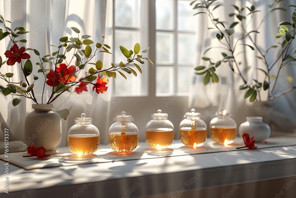 Fototapeta premium different types of tea are sitting on top of a white table, in the style of large format lens, combining natural and man-made elements, light red and amber. Generative AI