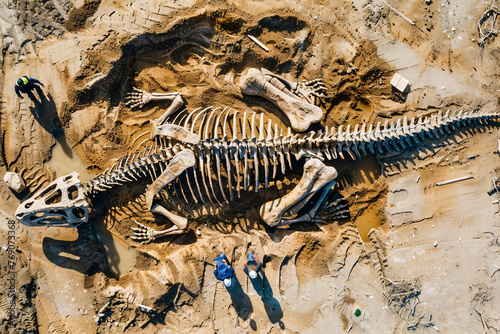 paleontology concept - paleontologists and archaeologists and a huge dinosaur skeleton