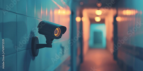 Modern Security Camera Surveillance in Bright Hallway