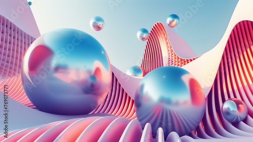 3D rendering. Pink and blue geometric shapes with spheres. Futuristic landscape. Abstract background.