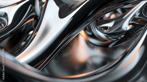 3D rendering of a close-up of a shiny silver metal surface with smooth curves and reflections. © Nijat