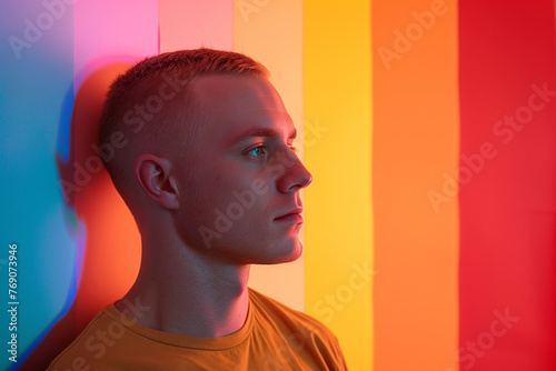 Queer man, young man leaning on a wall in lgbt colours to celebrate gay pride in a copy space