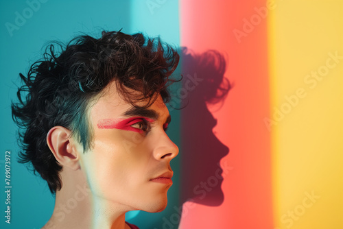 Queer Person, portrait of a man with makeup on a rainbow colored wall with gay pride and copy space