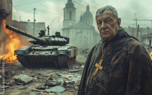 clergyman with golden cross around neck on background of ruined city and tank photo