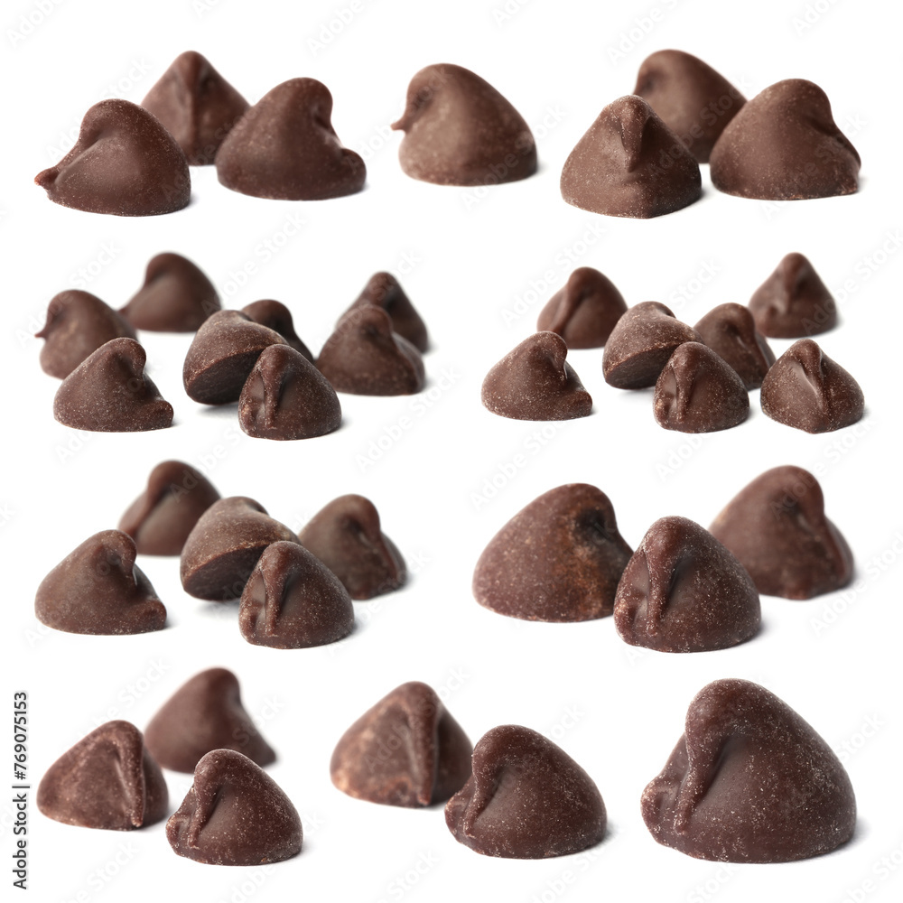Tasty dark chocolate chips isolated on white, set - obrazy, fototapety, plakaty 