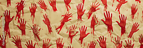 tan wallpaper with hundreds of red hands on it