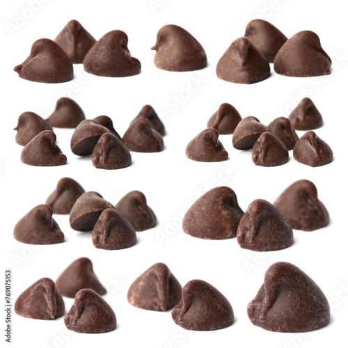 Tasty dark chocolate chips isolated on white, set © New Africa