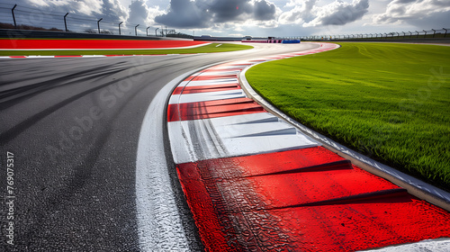 Asphalt race track and green grass field with cloudy sky background.