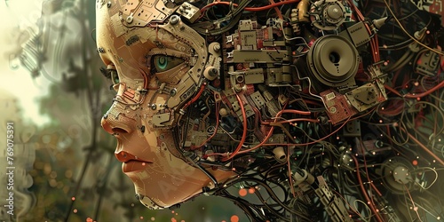 A robot female face with many wires attached to it.