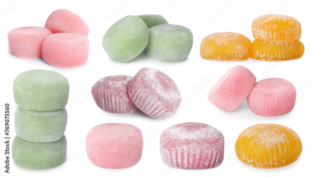 Different delicious mochi isolated on white, set Different delicious mochi isolated on white, set