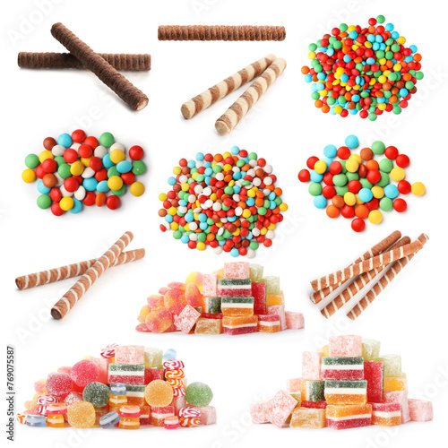 Different tasty candies isolated on white, set