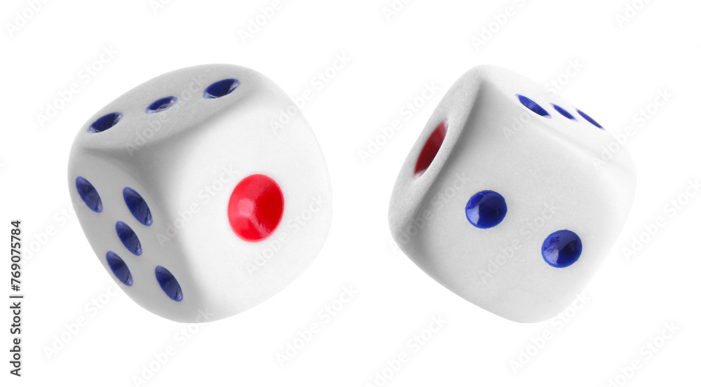 Two dice in air on white background Two dice in air on white background