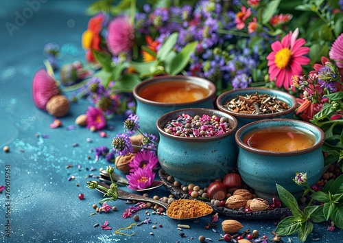 tea bowls and spoons around some herbs, nuts and spices, in the style of light sky-blue and light amber, aerial view, delicate flowers, exotic, fluid photography. Generative AI