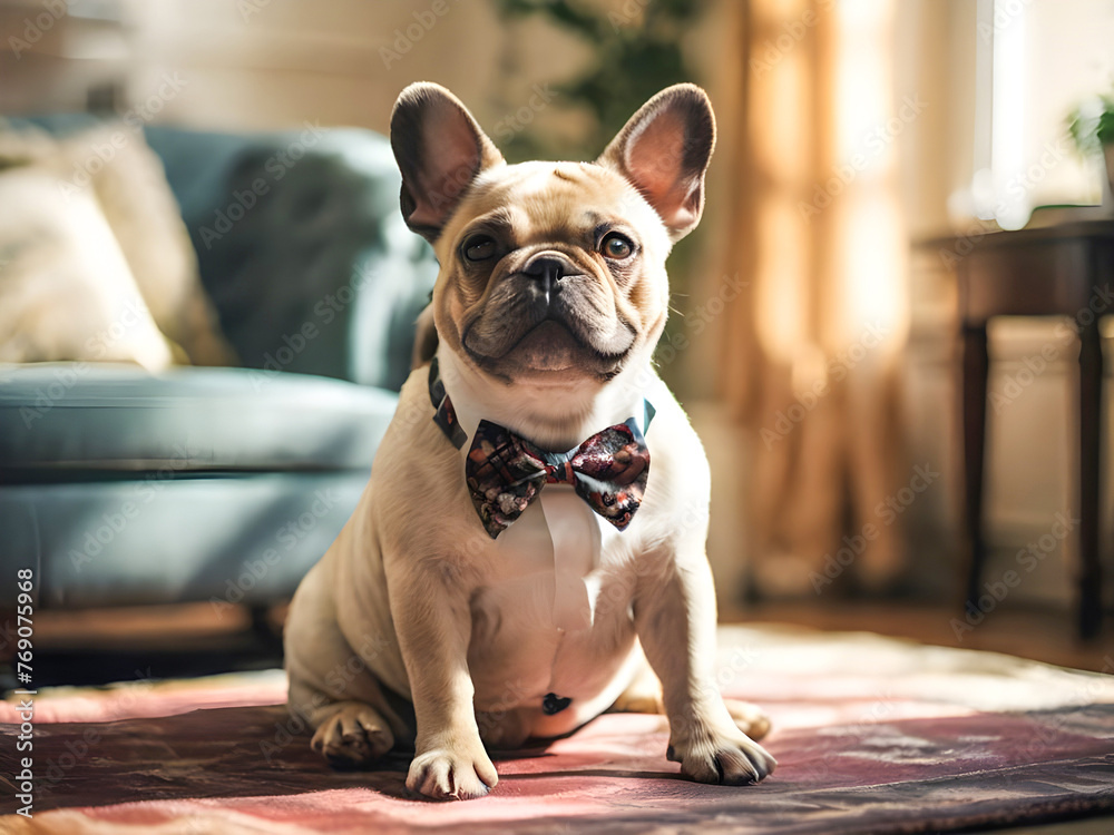 A cute French Bulldog wearing a dapper bowtie, sitting on a plush rug in a sunlit room