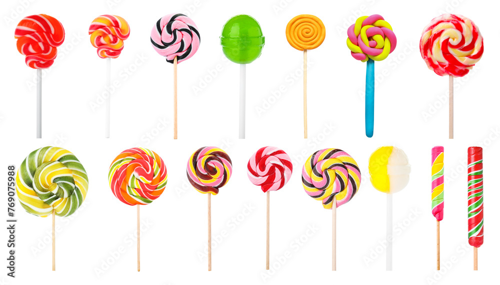 Different colorful lollipops isolated on white, set - obrazy, fototapety, plakaty 