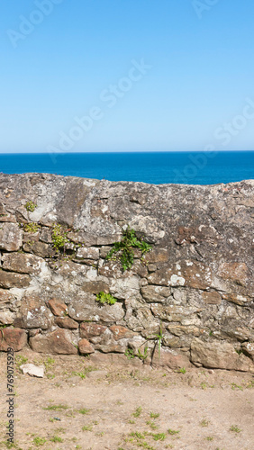 Muro de piedra y horizonte marino