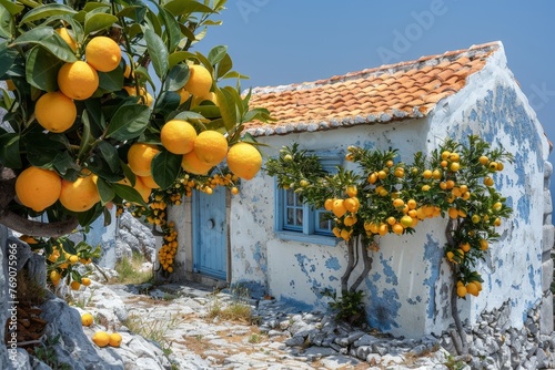 A whimsical house adorned with fresh oranges growing on the exterior walls, creating a magical and inviting atmosphere