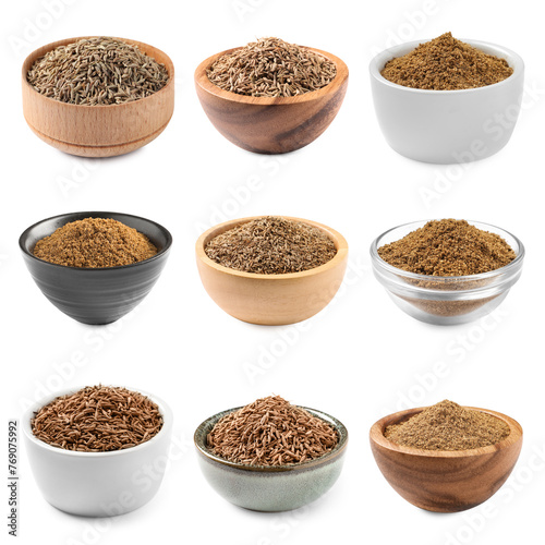 Aromatic caraway (Persian cumin) seeds and powder in bowls isolated on white, set