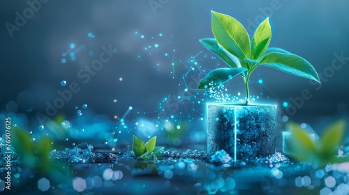 A young plant sprouts from a digital cube, merging nature with technology, symbolizing eco-innovation and green tech.