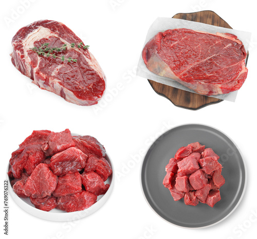 Fresh beef meat pieces isolated on white, set