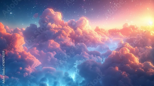 Fantasy sky with fluffy, glowing clouds under stars © MAY