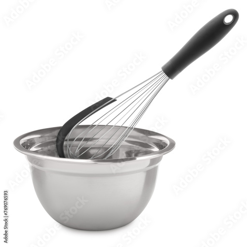 Metal whisk and bowl isolated on white. Cooking utensils