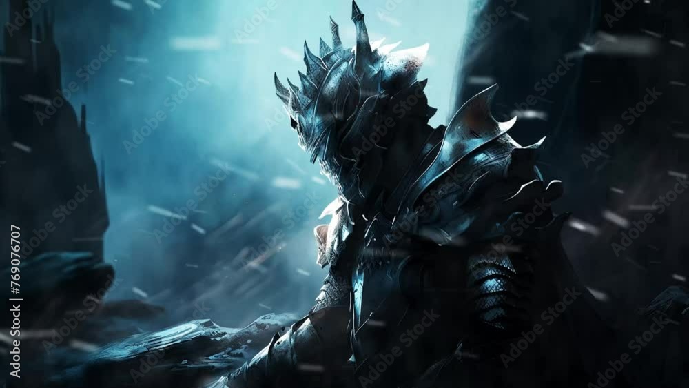 Warrior with epic armor in a freezing cold snow storm. Epic and fantasy animation loop video