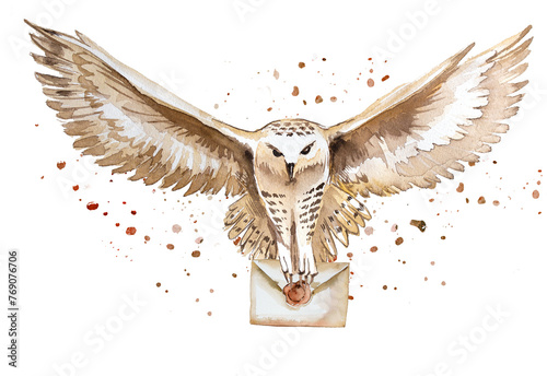 Watercolor owl with a letter illustration. Halloween design. Wizard concept clipart.