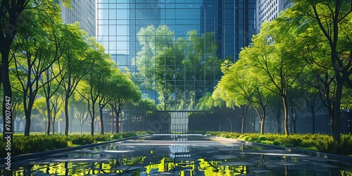 An eco-friendly glass office building in a modern city, with trees cutting down climate change and carbon dioxide.