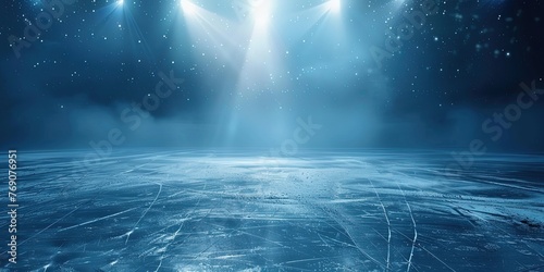 An empty winter background with ice rink and a spotlight shines on it. Bright lighting with spotlights.