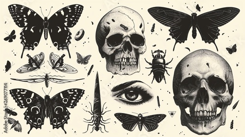 A set of hand-drawn illustrations of skulls, butterflies, and other insects.