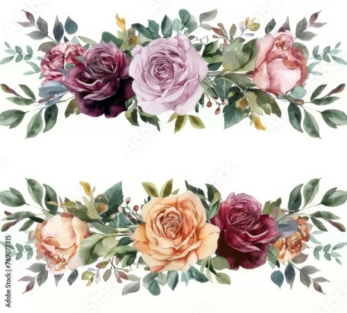 Watercolor floral garland of burgundy and pink roses with greenery in neutral colors isolated on a white background  clipart style with margins  as a full page design with a vintage  cottagecore style